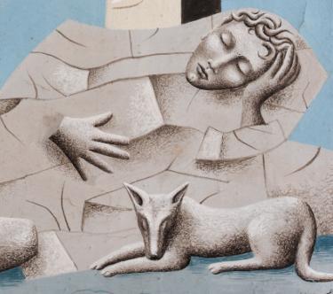 Dessin de Jean Hugo montrant une sculpture en pierre à représentation vaguement humaine allongée avec un chien.