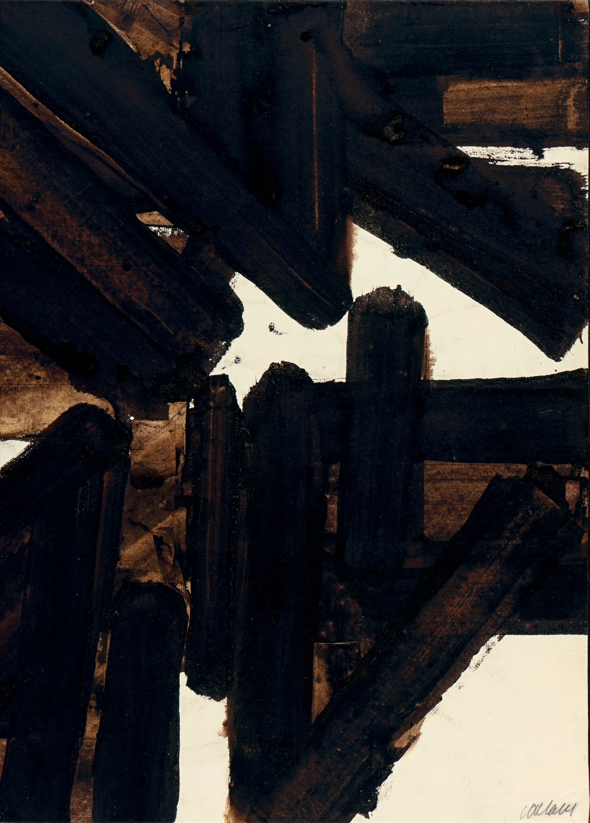 Un tableau de Pierre Soulages représentant des bandes marron foncé et noires au brou de noix, sur fond blanc cassé