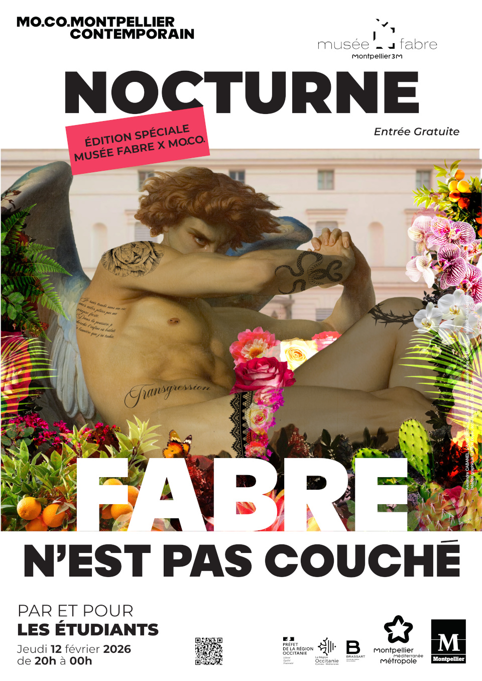 Affiche de l'événement "Fabre n'est pas couché" : Sur un fond blanc, un ange assis, le bras devant la bouche et en train de pleurer. Autour de lui, des fleurs et des plantes ; en fond, la façade du musée Fabre