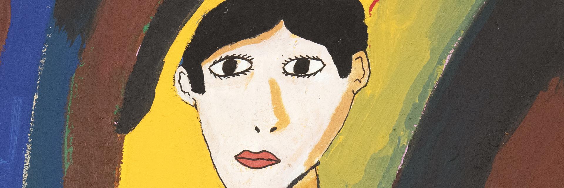 Détail d'un tableau de Robert Combas montrant le visage d'une jeune personne aux yeux et aux cheveux noirs portant un t-shirt jaune avec le visage de Mickey et le texte "Fan club of Mickey", sur un fond coloré.