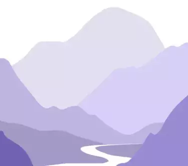 Dessin styilisé montrant un paysage de montagnes avec une rivière au milieu, dans des teintes de violet et de mauve.