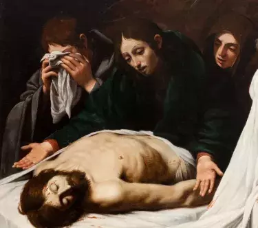 Tableau montrant un homme allongé et nu, mort, sur une table, entouré de plusieurs hommes en toge et en pleurs