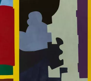 Peinture abstraite montrant des formes géométriques àdominante rouge et bleu