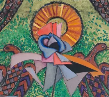 Peinture montrant de manière stylisée deux oiseaux dos à dos derrière une fleur bleue ; en fond, le soleil.