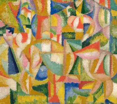 Œuvre cubiste montrant des cavaliers, formes géométriques aux couleurs vives.