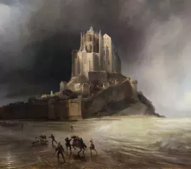 Peinture du 19e siècle montrant le Mont Saint-Michel sous un orage. Devant, un groupe de voyageurs tente de traverser alors que la marée monte.