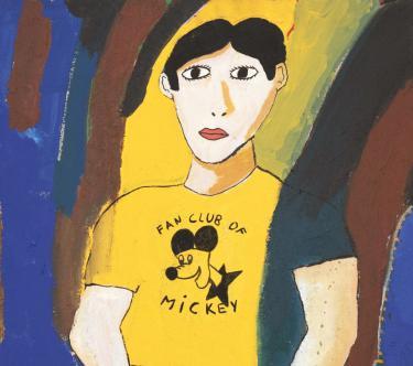 Détail d'un tableau de Robert Combas montrant le visage d'une jeune personne aux yeux et aux cheveux noirs portant un t-shirt jaune avec le visage de Mickey et le texte "Fan club of Mickey", sur un fond coloré.