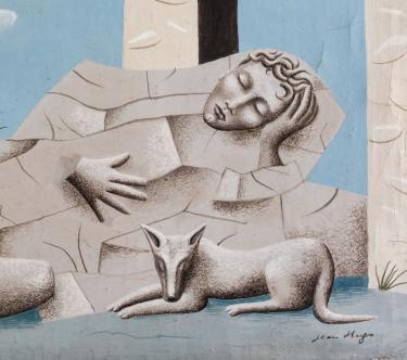 Dessin de Jean Hugo montrant une sculpture en pierre à représentation vaguement humaine allongée avec un chien.