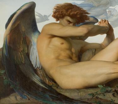 Tableau d'Alexandre Cabanel représentant l'ange déchu : allongé de profil, le buste, sur la gauche, redressé. Il se cache le visage derrière son bras et on aperçoit une larme à son œil.
