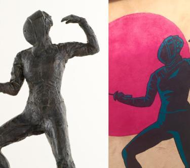 montage photo en deux parties : à gauche, une sculpture en bronze de Germaine Richier représentant une escrimeuse ; à droite, le même sujet repris en dessin street art