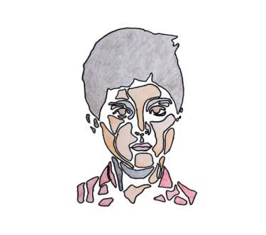 Dessin représentant un visage de jeune garçon fait en mosaïque de formes diverses dans des tons bruns et gris.