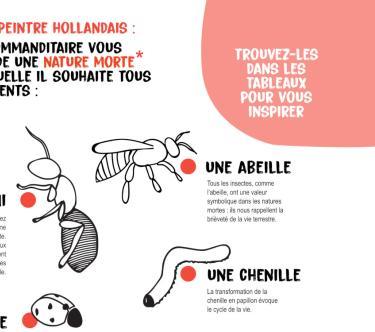 Texte présentant différets insectes avec des dessins de fourmi, d'abeille, de coccinelle et de chenille