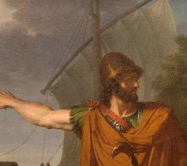 Détail d'un tableau montrant le héros Ulysse dans une tunique rouge, le visage casqué tourné vers la droite et le bras droit tendu vers la gauche. En fond, on bateau avec des marins.