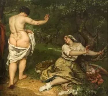 Tableau montrant une femme nue, de dos, un drap lui passant sur les jambes. À sa droite, une autre femme est assise et la regard. La scène se passe dans une forêt.